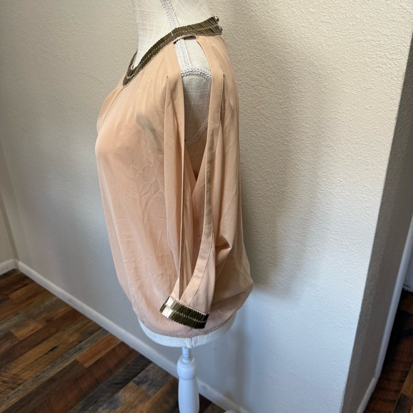 bebe Beige Blouse with Gold Metal Trim & Open Back - Size XS - Picture 3 of 16